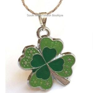 Silver Green Shamrock Necklace 18" Irish Celtic